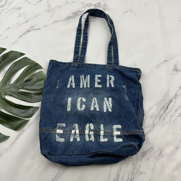 American Eagle Distressed Denim Tote Bag Purse Painted Logo Jean Large Y2k - Picture 1 of 9